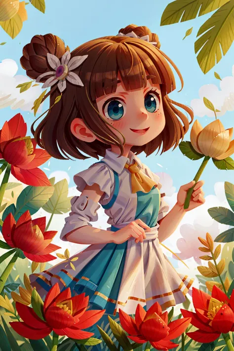 <lora:Style - Lilliput:1>, 1girl, solo, mole under eye, hair ornament, mole, heterochromia, looking at viewer, flower, hair flower, green eyes, blue eyes, upper body, parted lips, dress, bare shoulders, green dress, short hair, blurry, smile, bangs, blush, ascot, jewelry, white flower, blurry background, breasts, frills, white ascot, gem, from side, detached sleeves, medium breasts, petals, sleeveless