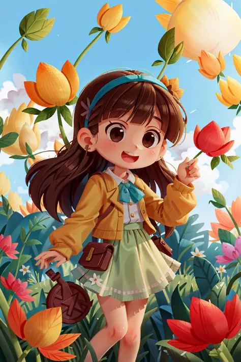 <lora:Style - Lilliput:1>, 1girl, solo, brown hair, long hair, brown eyes, holding, hairband, outdoors, skirt, smile, flower, looking at viewer, balloon, white skirt, long sleeves, open mouth, nail polish, earrings, blurry, day, bangs, blurry background, jewelry, tulip, :d, sky, blush, sleeves past wrists, field, jacket, yellow flower, holding flower, flower field, standing, blue sky, petals, pleated skirt, shirt, cloud, depth of field