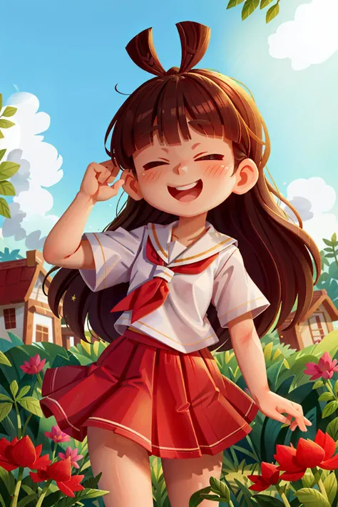 <lora:Style - Lilliput:1>, 1girl, kamiya nao, solo, skirt, school uniform, one eye closed, brown hair, red eyes, blue skirt, long hair, shirt, pleated skirt, looking at viewer, serafuku, smile, sky, sailor collar, short sleeves, neckerchief, white shirt, bangs, lens flare, thick eyebrows, blue neckerchief, blush, outdoors, grin, sun, cloud, blue sky, fence, leaning forward, white sailor collar, day, blunt bangs