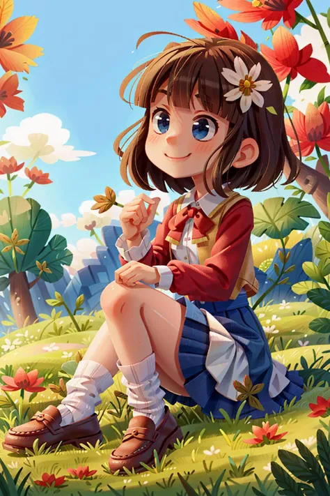 <lora:Style - Lilliput:1>, 1girl, solo, skirt, outdoors, shirt, sitting, looking at viewer, grass, white shirt, bangs, long sleeves, socks, knees up, brown footwear, white socks, blue skirt, cherry blossoms, petals, shoes, smile, blue eyes, blurry, long skirt, blush, tree, frills, closed mouth, brown hair, sleeves past wrists, loafers, day, black hair, medium hair, looking to the side, depth of field, spring (season), blurry background