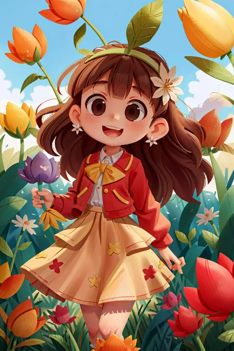 <lora:Style - Lilliput:1>, 1girl, solo, brown hair, long hair, brown eyes, holding, hairband, outdoors, skirt, smile, flower, looking at viewer, balloon, white skirt, long sleeves, open mouth, nail polish, earrings, blurry, day, bangs, blurry background, jewelry, tulip, :d, sky, blush, sleeves past wrists, field, jacket, yellow flower, holding flower, flower field, standing, blue sky, petals, pleated skirt, shirt, cloud, depth of field