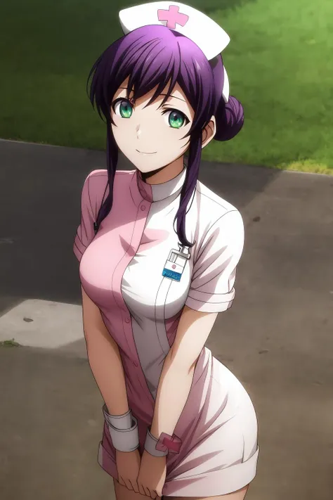 best quality, masterpiece, 1girl, solo, aqua eyes, purple hair, sidelocks, hair bun, single hair bun, look at viewer, smile, mikono_suzushiro, (nurse uniform:1.5), day, outdoor