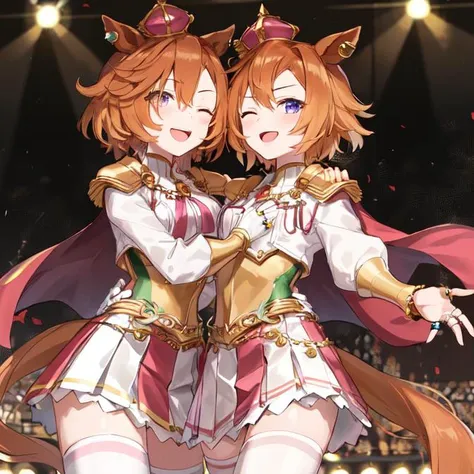 masterpiece, best quality,(2girls),hugging each other, t.m. opera o \(umamusume\), ballroom, stage curtains, stage lights, very wide shot,from below, cowboy shot, hand on own chest, open mouth,one eye closed,singing, mini crown, ear piercing, white shirt, shoulder armor, pink cape, puffy sleeves, long sleeves, jewelry, fingerless gloves, single glove, white gloves, multiple rings, corset, white skirt, pink skirt, two-tone skirt, pleated skirt, white thighhighs, zettai ryouiki, high heel boots, yellow footwear,<lora:tMOperaOUmamusume_loha:0.8:MIDD>