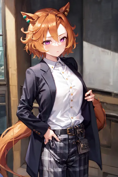 masterpiece, best quality, 
t.m. opera o \(umamusume\), 
ear piercing, white shirt, dress shirt, collared shirt, black jacket, open clothes, open jacket, long sleeves, shirt tucked in, belt, plaid pants
<lora:t.m._opera_o_loha:0.8>