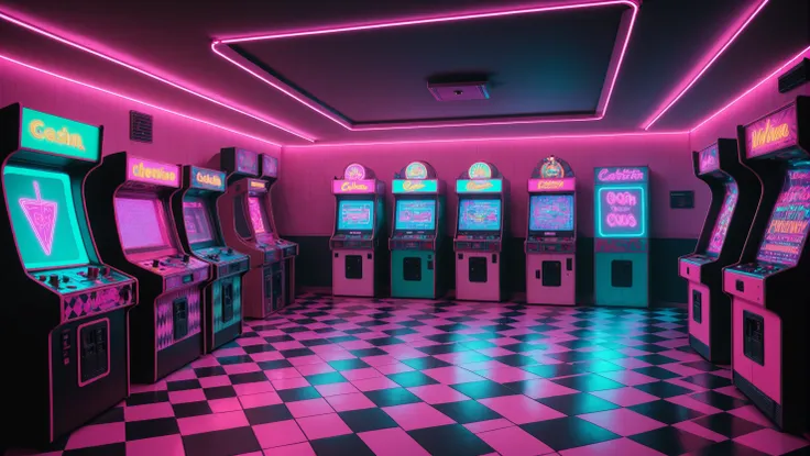 wallpaper fusion, Photorealistic, Canon EOS Mark IV, synthwave punk style, vaporwave style, synthwave, vaporwave colors, nvinkpunk, Wave Art Style, checkered floor, indoors, neon lights, no humans, neon arcade 1980s vaporwave scene, indoors, loud speaker on the ceiling, casino vibes, a line of arcade machines, expressive, vibrant, neon, retro photography, 1980s, checker tile floor, high detailed, 8k, outrun, electric light wires, ultra sharp, extremely detailed, masterpiece, official art , <lora:WallpaperFusionXL:0.3>, <lora:WaveArtXL:0.5>