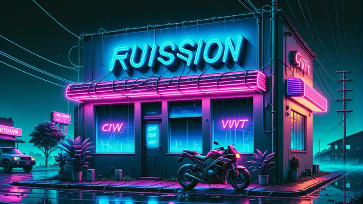 wallpaper fusion, Wave Art Style, neon sign, text logo, CIVIT AI, text logo, blue, 80s, neon, neon sign with text in window, motorcycle, no humans, outdoors, power lines, Modern style architecture, blue theme, minimalistic, vapor wave aesthetic, Futuristic, Cyberpunk, rain, utility pole, ground vehicle, plant, scenery, road, building, window, dusk, night sky, high detailed, 8k, outrun, electric light wires, ultra sharp, extremely detailed, Photorealistic, Canon EOS Mark IV , <lora:WallpaperFusionXL:0.3>, <lora:WaveArtXL:0.5>, <lora:Harrlogos_v1.1:1>