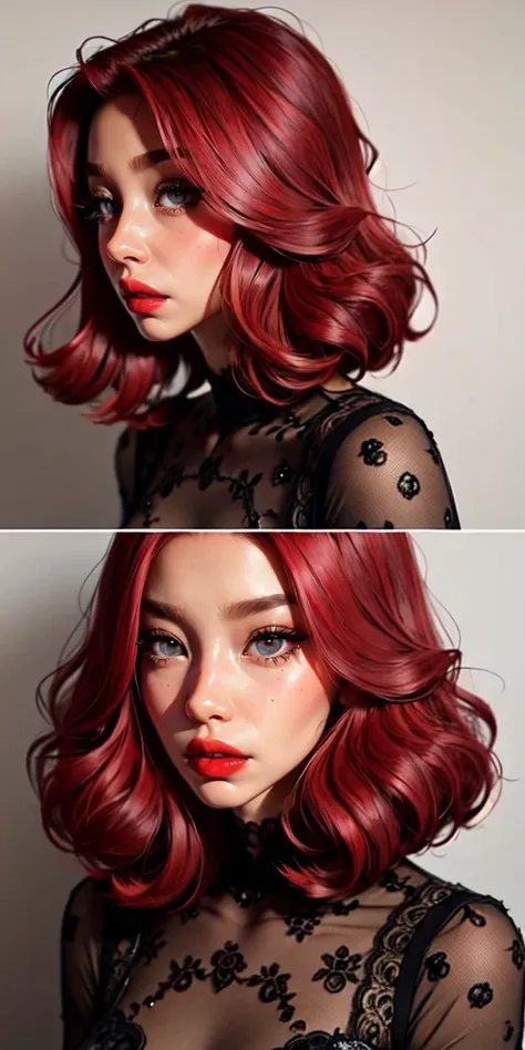 a girl, bob hair, red hair, curly hair, thin eyelashes, red lips, detailed eyes, detailed irises, black nightgown,
sam yang, <lora:samdoesartsSamYang_offsetRightFilesize:1>