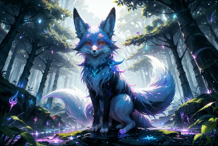 (masterpiece:1.2),best quality,extremely detailed,absurdres,highres,ultra detailed,((1fox:1.5)),(white kitsune:1.3),((nine-tailed_fox:1.6)),many tails,(mystical creature,majestic,divine,magical,intricate,elegant:1.1),glowing eyes,night,forest,fantasy,fluffy,animal:1.4,deep magical forest at night,fireflies,mystical,asian style,wilderness,old trees,shrine,mountsins,low angle,runes,glow,mysterious lights, (animal_focus:1.4),DruidMagicAI,forest,dark,<lora:DruidMagicAI:0.2> japanese style, vibrant, blue fire, flame-tipped tail,  spirits, hitodama,  kitsune, magic,  <lora:nijipride:0.4> Niji Pride, <lora:LowRA:0.2> <lora:GlowingRunesAIv4:0.2>  GlowingRunes_paleblue,GlowingRunes_purple,emotionless,