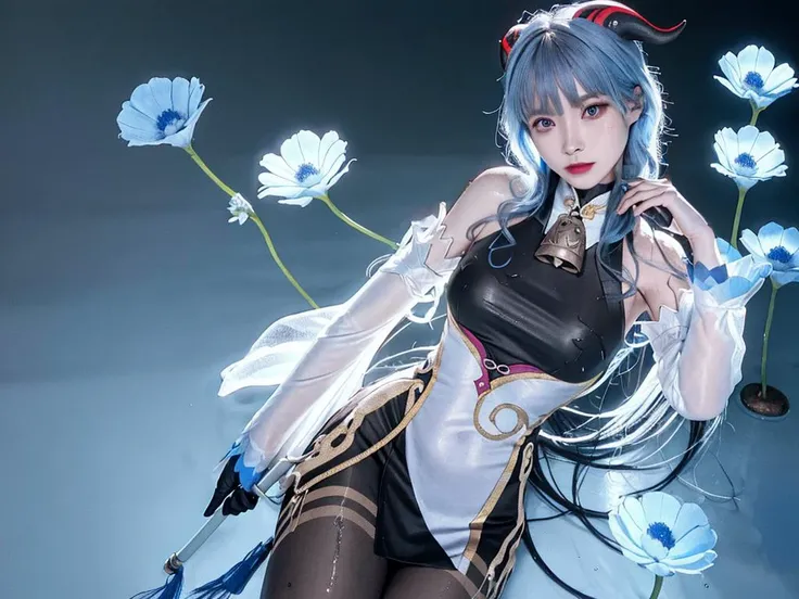 ganyu \(genshin impact\),shiny skin,DOF,grass,wet body,large breasts,1girl, solo, bare shoulders, black gloves, black pantyhose, (blue hair:1.2), chinese knot, detached sleeves, flower knot, horns, long hair, neck bell, purple eyes, sidelocks, tassel, white sleeves, full body, floating hair,sexy, looking at viewer, <lora:ganyuGenshinImpact_offset:0.8>, <lora:koreanDollLikeness_v10:0.5>, quality, high quality, highres, ultra detailed(realistic:1.3), (photorealistic:1.3), detailed face, detailed skin,photon mapping, radiosity, physically-based rendering