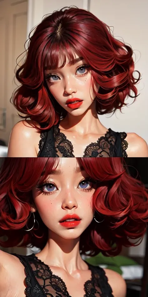 a girl, bob hair, red hair, curly hair, thin eyelashes, red lips, detailed eyes, detailed irises, black nightgown,
sam yang, <lora:samdoesartsSamYang_offsetRightFilesize:1>