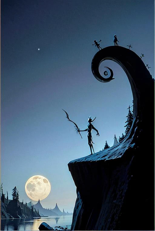 burtonesque art of a man in front of the moon. He is standing on a cliff. It is night time and very dark. There are tombstones at the bottom. <lora:burtonesqueStyle_v1:0.75>