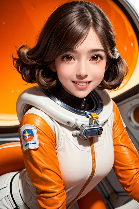 portrait, adorable girl astronaut, medium length brown hair and brown eyes, wearing an orange and white spacesuit, in a retro futuristic spaceship, smiling, perfect hands, perfect face, perfect eyes, best quality, masterpiece, extremely detailed, extremey detailed background