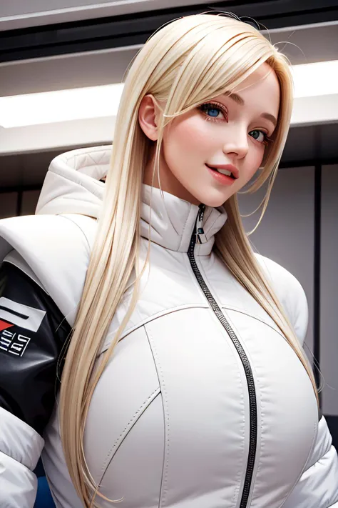 medium-length portrait, pretty young woman, blonde hair and brown eyes, wearing white jumpsuit and puffy jacket, standing in space ship spaceship, grinning enthusiastically, perfect hands, perfect face, perfect eyes, best quality, masterpiece, extremely detailed, extremey detailed background, immersive scene