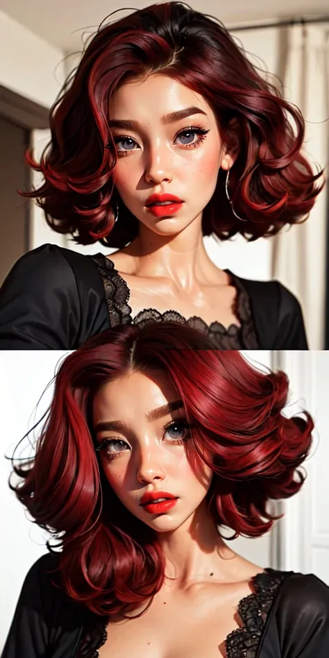 a girl, bob hair, red hair, curly hair, thin eyelashes, red lips, detailed eyes, detailed irises, black nightgown,
sam yang, <lora:samdoesartsSamYang_offsetRightFilesize:1>