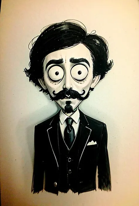 burtonesque drawing of an evil man with mustache. He has big eyes and he is looking at the viewer. He is wearing a suit. White background, monochrome, gloomy, extremely detailed, (medium shot)
 <lora:burtonesqueStyle_v1:0.75>