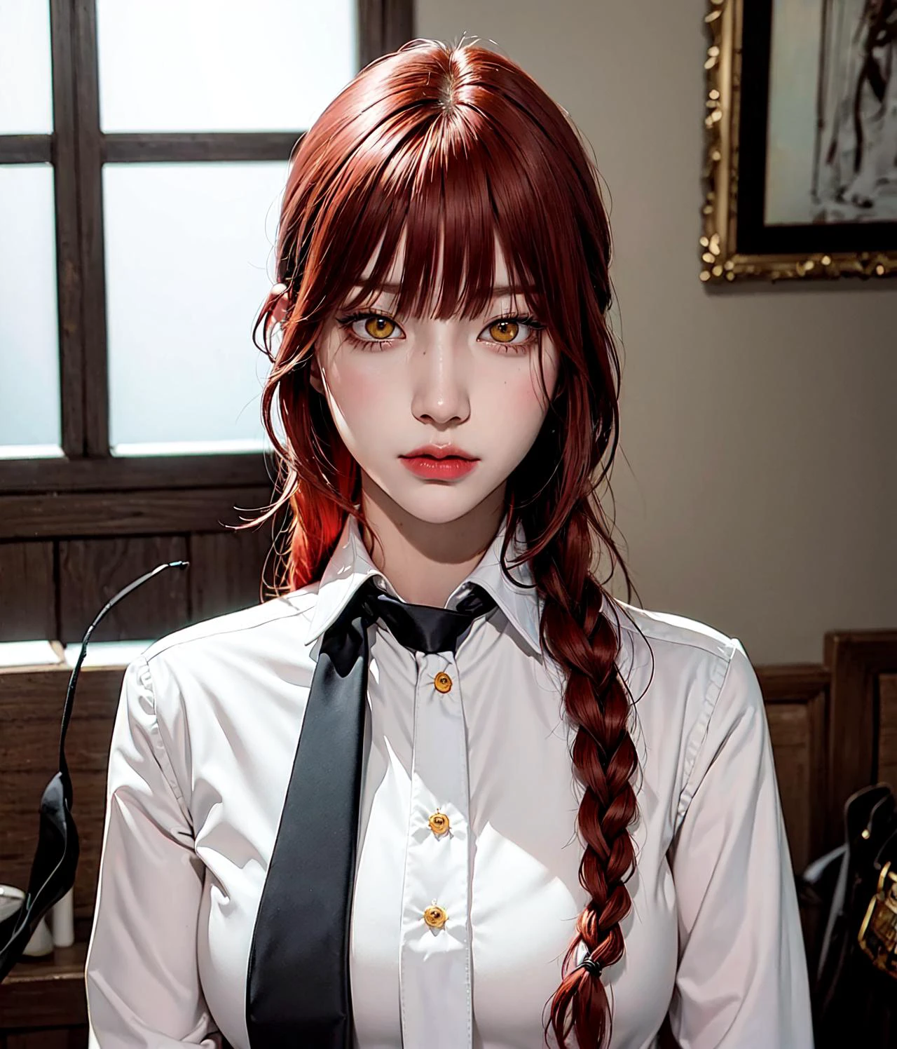 masterpiece, (photorealistic:1.4), best quality, beautiful lighting, (ulzzang-6500:0.4), makima \(chainsaw man\), (red hair)+(long braided hair)+(bangs), yellow eyes, golden eyes, (ringed eyes), (white shirt), (necktie), RAW photo, 8k uhd, film grain <lora:makimaChainsawMan_offset:1> <lora:koreandolllikenessV20_v20:0.5>
