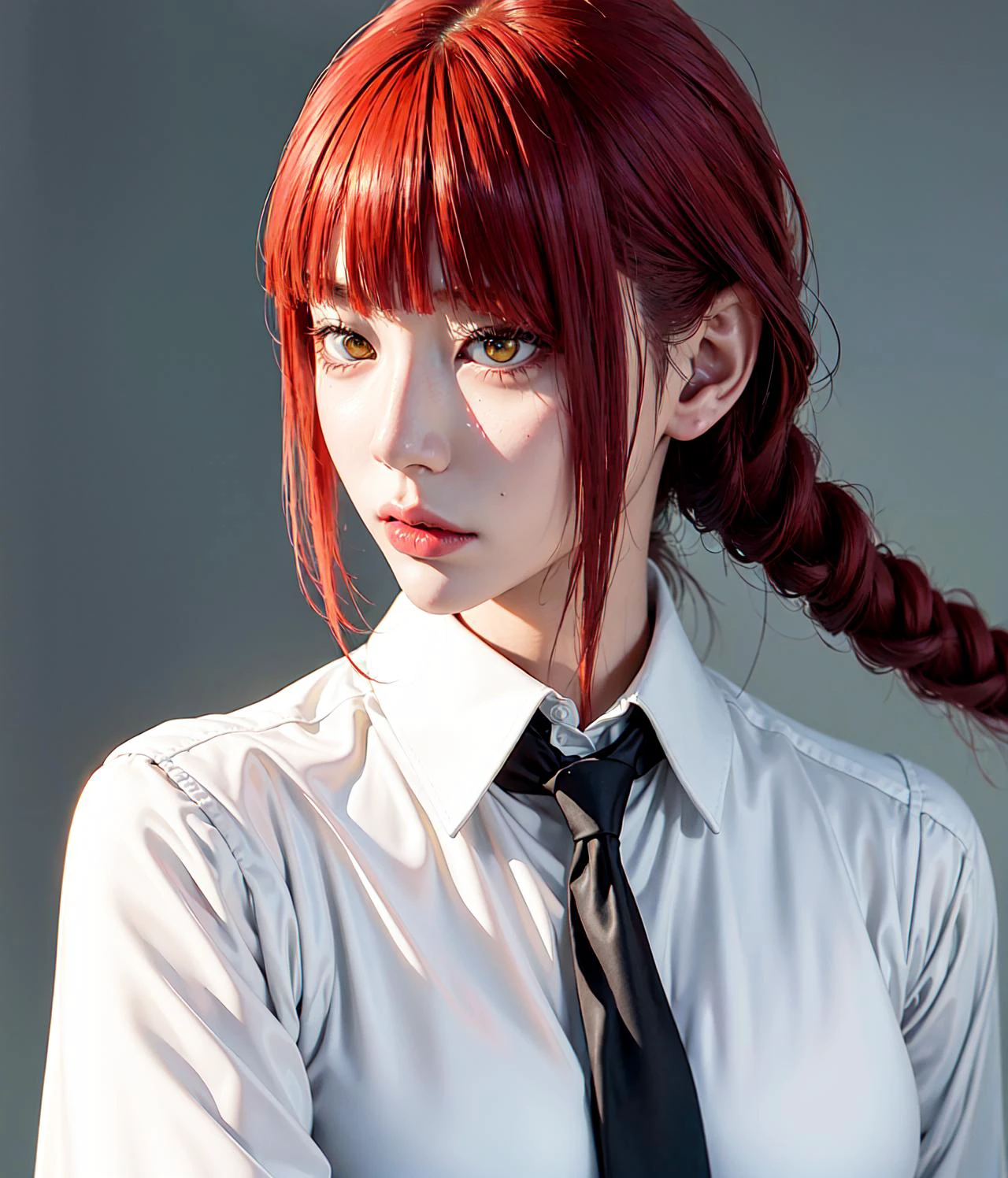 masterpiece, (photorealistic:1.4), best quality, on back, beautiful lighting, (ulzzang-6500:0.4), aggresive, makima chainsaw man, (red hair)+(long braided hair)+(bangs), yellow eyes, golden eyes, (ringed eyes), (white shirt), (necktie), RAW photo, 8k uhd, film grain <lora:makimaChainsawMan_offset:1> <lora:koreandolllikenessV20_v20:0.3>
