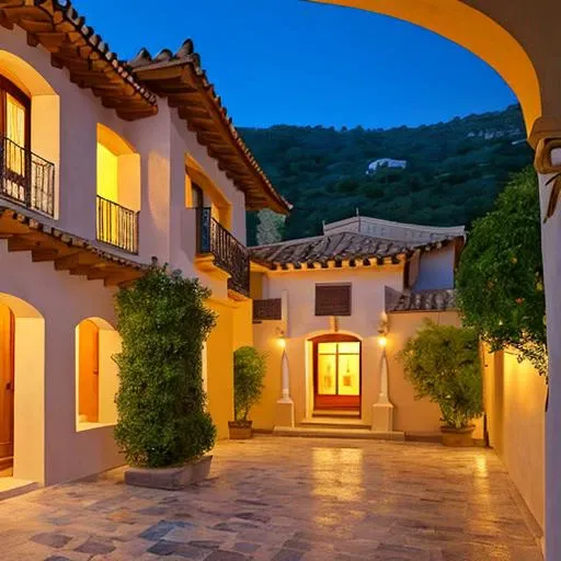 masterpiece, best quality,raw photo of spanish style villa has, exterior view evening time ,beautiful landscape, 8k uhd, dslr, soft lighting, high quality, film grain, Fujifilm XT