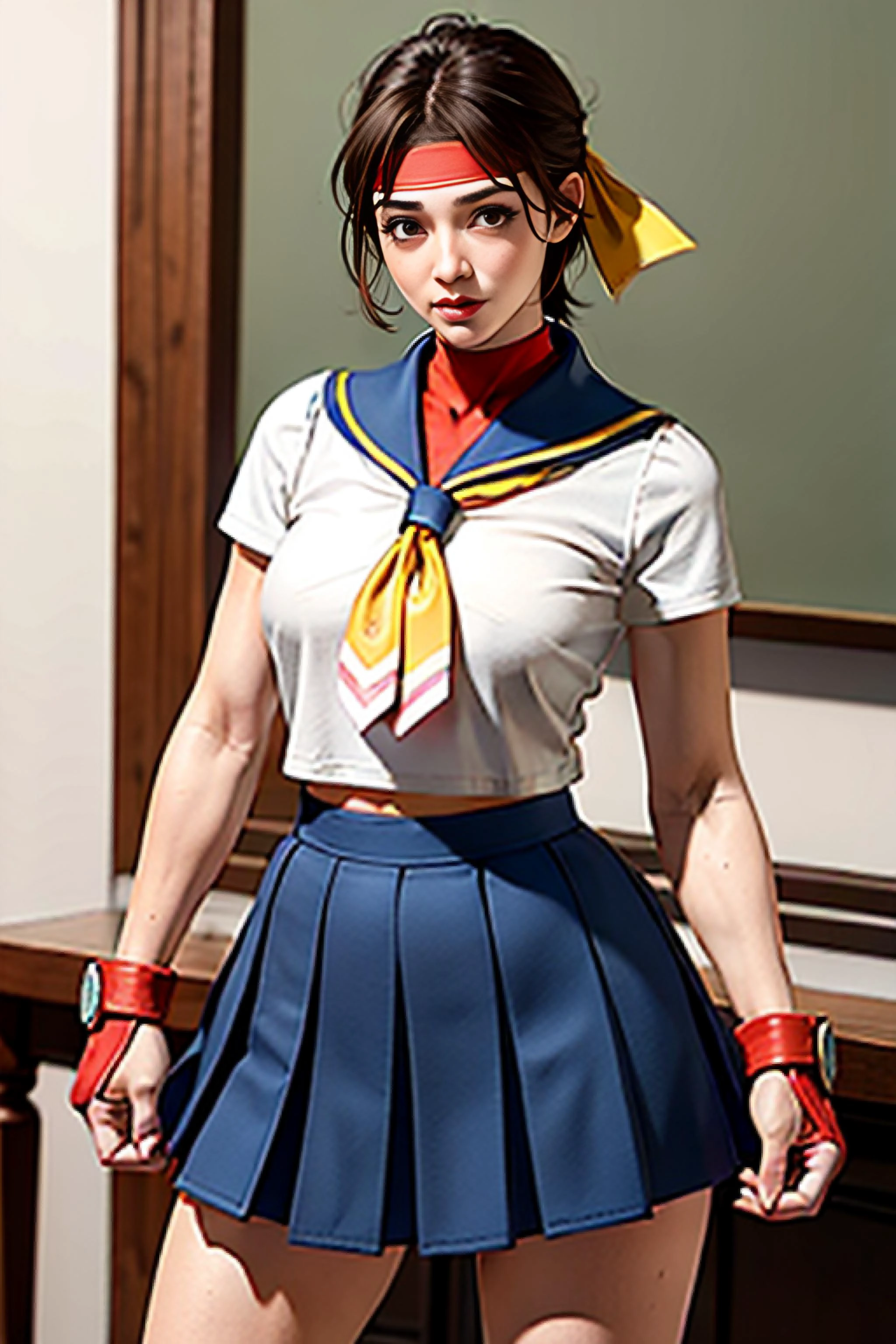 Full body, unparalleled masterpiece, ultra realistic 8k CG, perfect artwork, ((perfect female figure)), seductive posture, sexy pose, alluring, clean, beautiful face, pure face, pale skin, shiny skin, skindentation, looking at viewer, <lora:sakuraKasuganoStreet_1:1> , SakuraMS, SFA, SFV, ((blue sailor collar, yellow neckerchief, blue pleated skirt)), brown eyes , very short brown hair, midriffs, (red gloves fingerless), ((white headband on forehead))