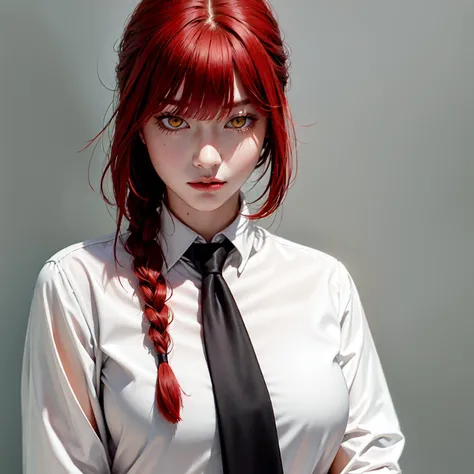 masterpiece, (photorealistic:1.4), best quality, beautiful lighting, (ulzzang-6500:0.4), makima \(chainsaw man\), (red hair)+(long braided hair)+(bangs), yellow eyes, golden eyes, (ringed eyes), (white shirt), (necktie), RAW photo, 8k uhd, film grain <lora:makimaChainsawMan_offset:1>