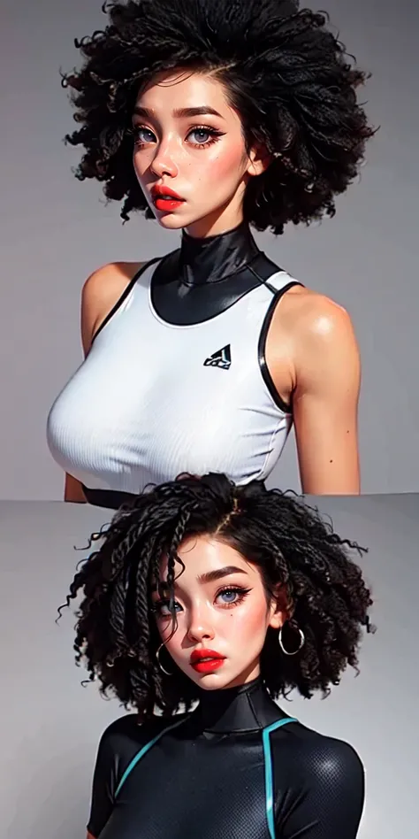 a girl, bob hair, blue hair, curly hair, thin eyelashes, red lips, detailed eyes, detailed irises, black sports clothes,
sam yang, <lora:samdoesartsSamYang_offsetRightFilesize:1>