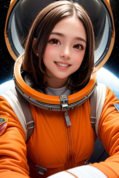 portrait, adorable girl astronaut, medium length brown hair and brown eyes, wearing an orange and white spacesuit, in a retro futuristic spaceship, smiling, perfect hands, perfect face, perfect eyes, best quality, masterpiece, extremely detailed, extremey detailed background