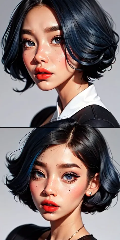 a girl, bob hair, blue hair, curly hair, thin eyelashes, red lips, detailed eyes, detailed irises, black sports clothes,
sam yang, <lora:samdoesartsSamYang_offsetRightFilesize:1>
