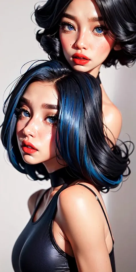 a girl, bob hair, blue hair, curly hair, thin eyelashes, red lips, detailed eyes, detailed irises, black sports clothes,
sam yang, <lora:samdoesartsSamYang_offsetRightFilesize:1>
