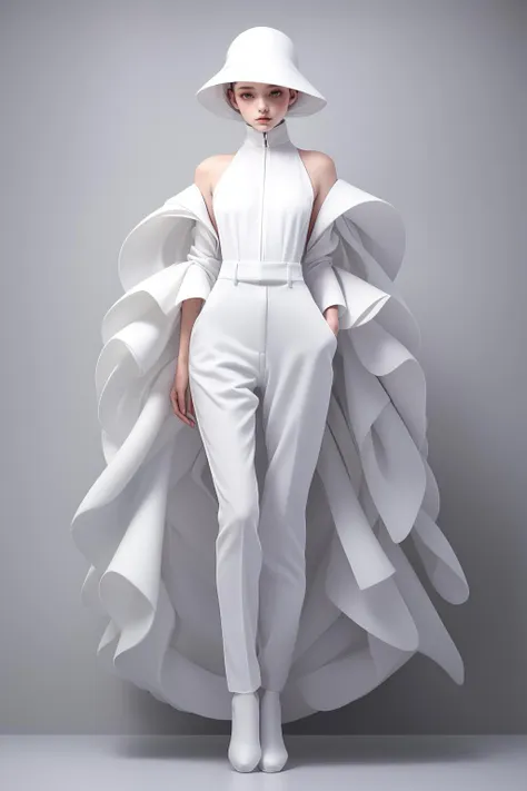 (masterpiece, top quality, best quality, official art, beautiful and aesthetic),solo,1girl,dark white dress,white bodysuit,white hair,(full body:1.4),frills,standing,hood,hat,abstract dark gray backdrop,bangs,legs,white stocking,high wheel shoes,small breasts,a model wearing haute couture monochrome overall in (issey miyake) style,by rinko kawauchi,zen-inspired masterpiece portrait,(detailed fiber texture),pleats,deconstruction,layers,editorial photo,<lora:Mild detail adjusterV10_4:0.6>,<lora:Clothing -:0.3>,<lora:white issey miyake-000008:0.8>,<lora:cartoon_portrait_v2:0.3>,