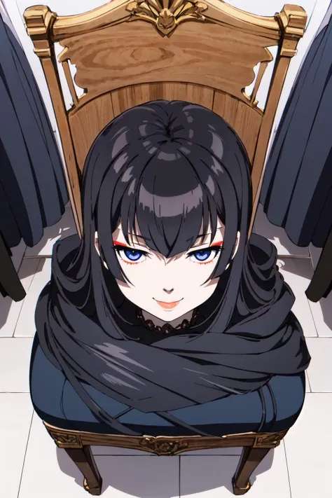 (masterpiece, best quality:1.2),Aya,makeup,no body,head,disembodied head,dullahan,1girl,solo,looking at viewer,smile,chair,<lora:aya:0.8>,