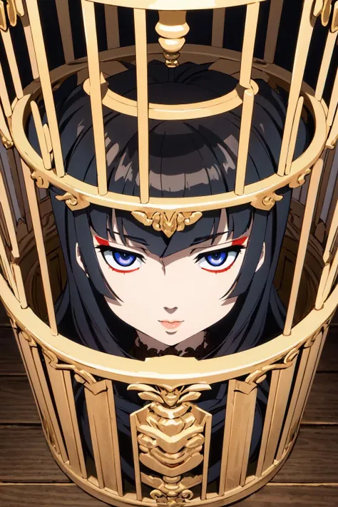 (masterpiece, best quality:1.2),Aya,makeup,no body,head,disembodied head,dullahan,1girl,solo,looking at viewer,^_^,birdcage,<lora:aya:0.8>,