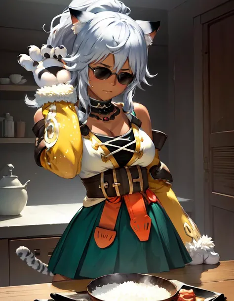 an illustration of a tanned dark skinned girl with a tiger tail and animal hands and feet, (she is sprinkling salt on a steak, steak, food, plate, cooking, ) sunglasses,  1girl, (ultra-detailed, photorealistic, highres, detailed clothing, intricate clothing, masterpiece, realism, game cg), [Ilya Kuvshinov], absurdres, 1girl, animal ears, (tiger tail:1.1), ((dark skin)), very dark skin, breasts, red eyes, skirt, ((dark-skinned female)), white hair, detached sleeves, long hair, collar, cleavage, tiger ears, ponytail, green skirt, fur trim, bare shoulders, medium breasts, pleated skirt, leg warmers, bangs, tiger girl, claws, belt, brown belt, belt buckle, animal print, bell, miniskirt, tiger print, animal ear fluff, high ponytail, neck bell, fang, grey hair, hair between eyes, choker, long sleeves, dress, fur, animal hands, kneehighs, [[animal feet]], cat ears, tiger ears, tiger girl, cat girl, (paw pads, paws, claws, cat paws, paw gloves, :1.1), (claws, animal hands:1.3), ((tan)), [[paw shoes]], best quality, detailed face, nose, beautiful face, accurate face, realistic face, short hair, cute face, sketch, stylized, illustration, perfect face, photographic quality, photograph, cygames, realistic eyes, , wide hips, , (toned, (narrow waist)), (skindentation), sleeveless, ((ambient lighting)), (smug), :3, detailed eyes, blush, sweat, wide hips, narrow waist, (shiny skin:0.8), smooth skin, (anime screencap),   curvy, oversized forearms, large hands, oversized limbs, <lora:SaltBaeMeme:1> saltbaememe, salt,