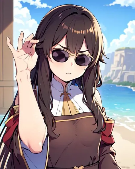 (best quality, masterpiece), saltbae, (1girl, solo, brown robe, sunglasses, wide sleeves, black eyes, closed mouth, long hair), (clear sky,cloud), <lora:saltbae-17:1>