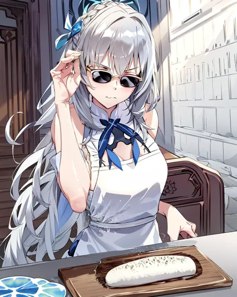 (best quality, masterpiece), saltbae, (1girl, solo, long hair, gray hair, *//*, blue eye, *//*, white blouse, , sunglasses, closed mouth, ), (clear sky,cloud, table, food on the Chopping board), <lora:saltbae-17:1>