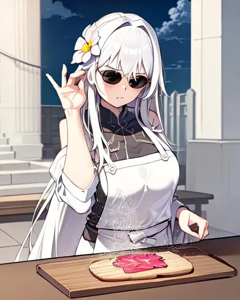 (best quality, masterpiece), saltbae, (1girl, solo, hood, white hair, sunglasses, wide sleeves, black eyes, closed mouth, long hair), (clear sky,cloud, table, flower on the Chopping board), <lora:saltbae-17:1>