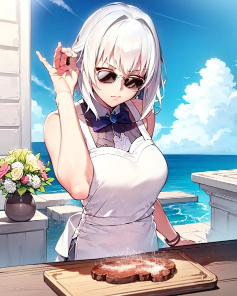 (best quality, masterpiece), saltbae, (1girl, solo, white hair, sunglasses, closed mouth, ), (clear sky,cloud, table, bouquet on the Chopping board), <lora:saltbae-17:1>
