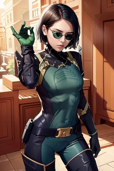 (masterpiece, best quality), intricate details,
 1girl,  <lora:viper-nvwls-v2:0.8> valorantviper, green bodysuit, elbow gloves, belt, thigh boots, gasmask, 
 <lora:saltbae:0.8> saltbae, sunglasses,