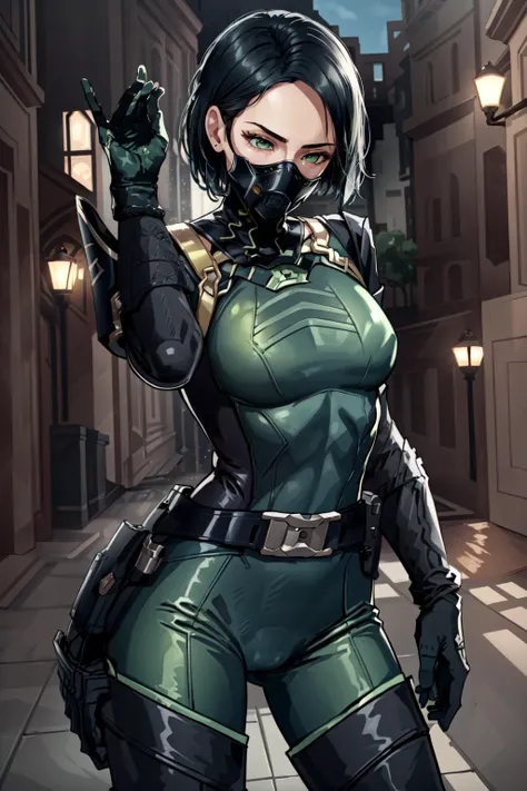 (masterpiece, best quality), intricate details,
1girl, <lora:viper-nvwls-v2:0.8> valorantviper, green bodysuit, elbow gloves, belt, thigh boots, gasmask,
<lora:saltbae:0.8> saltbae, sunglasses,
