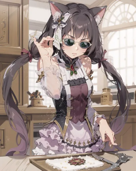 masterpiece, best quality, ultra-detailed, highly detailed,
<lora:karyl_v1:1>, karyl, green eyes, black hair, bangs, twintails, low twintails, hair bow, cat ears, small breasts,
bare shoulders, black pantyhose, bow, brooch, detached sleeves, dress, frilled dress, frills, jewelry, long sleeves, purple bow, sleeveless, sleeveless dress,
<lora:saltbae-17:1>, saltbae, sunglasses, sprinkling salt, table, chopping board,