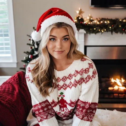 <lora:brookeabb_sd15_512_128_64_v1:1> brookeabb 1girl wearing a christmas sweater , cozy fireplace in background, christmas decoration in background,