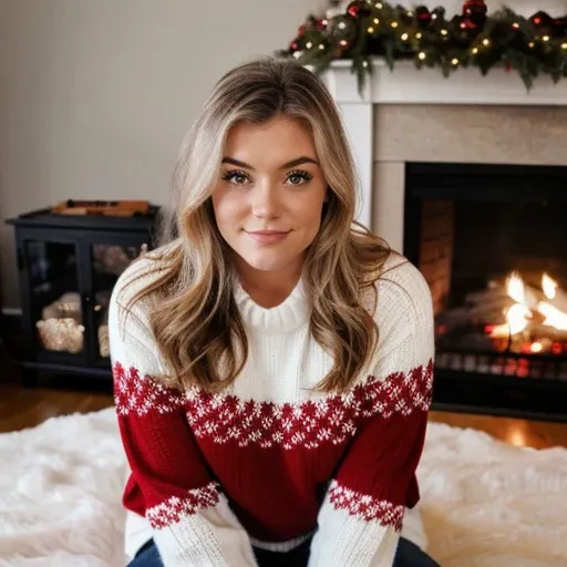 <lora:brookeabb_sd15_512_128_64_v1:1> brookeabb 1girl wearing a christmas sweater , cozy fireplace in background, christmas decoration in background,