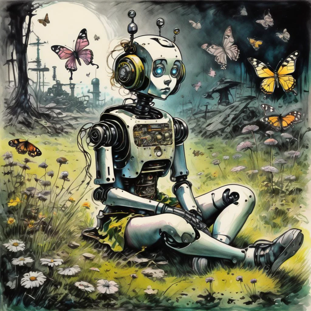 drawix11 robot girl sits on the grass and looks at butterflies, nuclear fungus in the background, dark atmosphere<lora:drawix11:0.8>