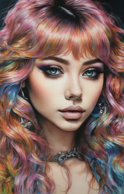 Colored Pencil Art of (drawix11 portrait), Gyaru aesthetics, holographic colors, stunning background. dark and moody, a mesmerizing blend of light and shadow. masterpiece, absurdres, intricate details <lora:drawix11:0.8>, colored pencil strokes, light color, visible paper texture, colored pencil art