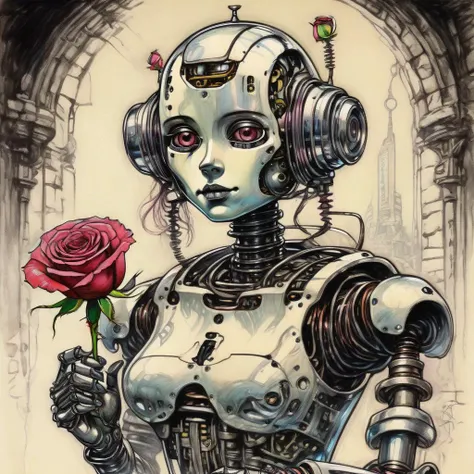 drawix11 robot girl holding a rose<lora:drawix11:0.8>