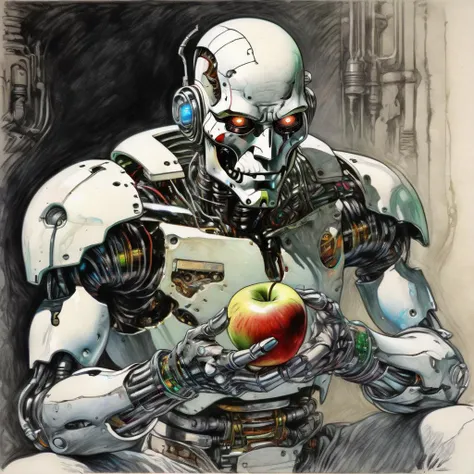 drawix11 cyborg eats an apple<lora:drawix11:0.8>