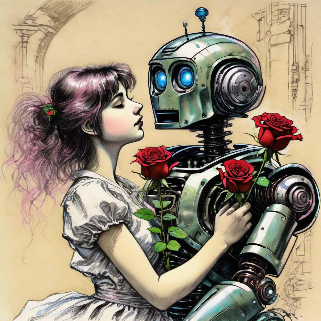 A close up of a woman holding a robot with a rose in her hand - SeaArt AI