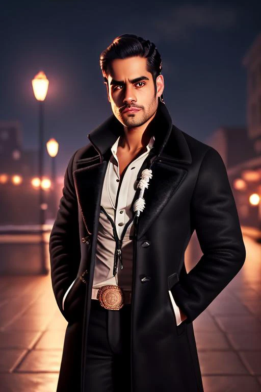 Digital art of sdhawan, (((stylish black coat with white lining))), dark street with street lamp background at night, hi-res, cowboy shot, facing viewer, (((double short side braids hairstyle))), hands in pockets
