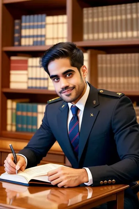 sdhawan studying at the library, indoors, black uniform, open book, studying, sitting, desk, necktie, school crest, smiling, (best quality), (masterpiece)