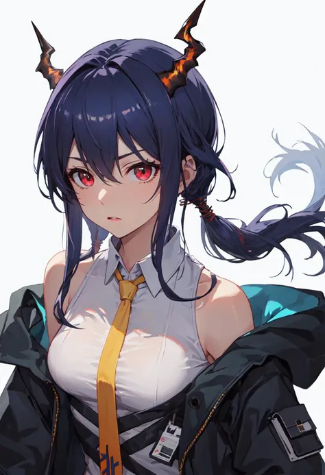 best quality, masterpiece, highres, solo, (ch_en_arknights:1.10), 1girl, white shirt, yellow necktie, upper body, black jacket, looking at viewer, open jacket, off shoulder, sleeveless shirt, bare shoulders, collared shirt, low twintails, closed mouth, simple background, white background, 6 <lora:ch_en_arknights:0.80>