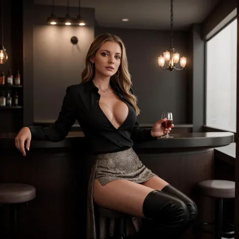 <lora:()Ashlynn Spektre:1> Ashlynn_Spektre, Elegant high class top, long flowing skirt, thigh high boots, cleavage, sitting on a bar stool, drinking from a glass in a well-lit bar, dynamic lighting, photorealistic, 8k uhd natural lighting, raw, rich, intricate details, key visual, atmospheric lighting, 35mm photograph, film, bokeh, professional, 4k, highly detailed,